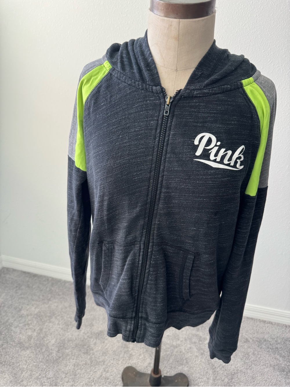 PINK Victoria's Secret Black Hoodie with Neon Green Accents